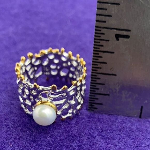 Ring, solid sterling, real pearl, 22 K gold, sz 7,8, cigar band, hand made, NWOT - Picture 6 of 16